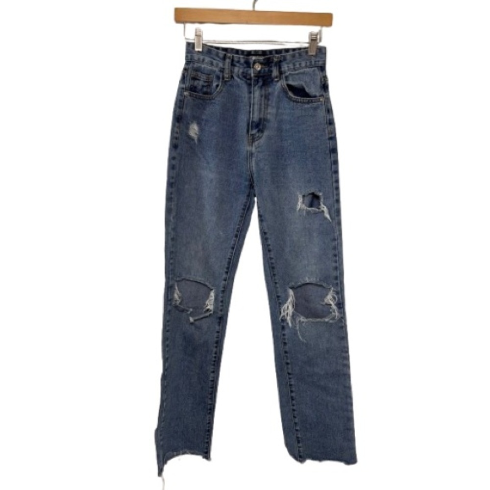Pretty Little Thing Light Wash Flame Pocket High Rise Straight Leg Jeans Size 0 - Picture 2 of 9